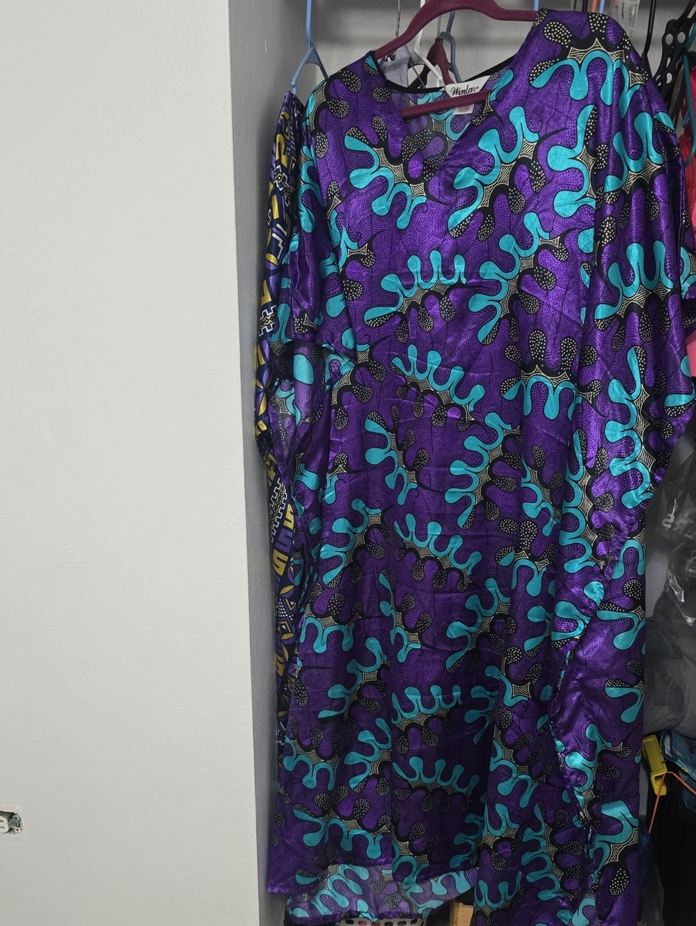 Winlar Vibrant Purple & Teal Printed Women's Caftan Dress Silky Satin
